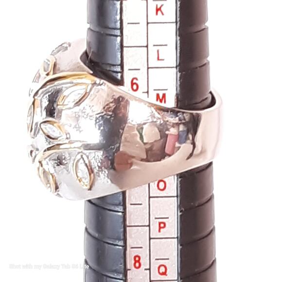 Jumbo Silver Tone Dome Ring Gold Tone Floral Overlay - Picture 7 of 7